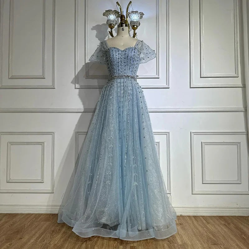 Alacati Blue A Line Beaded Backless Evening Dress Gown ED500764