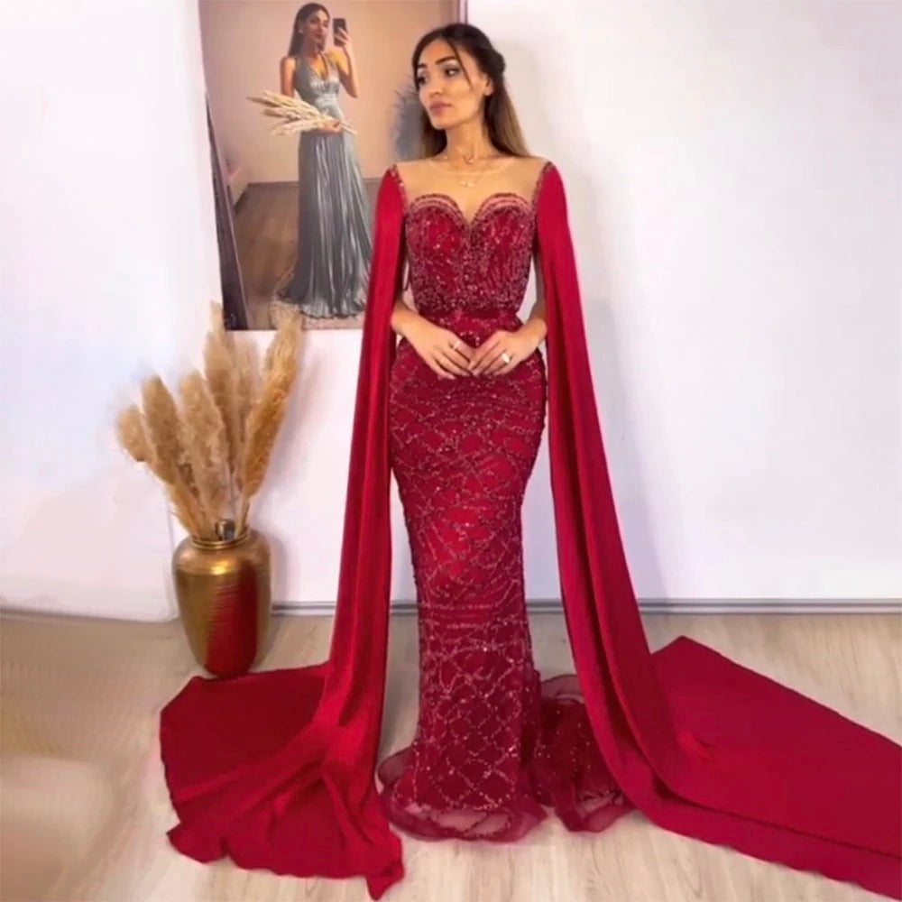 Alacati Green Cape Sleeves Luxury Evening Dresses Gowns 2025 Mermaid Beaded Elegant For Women Party ED500771