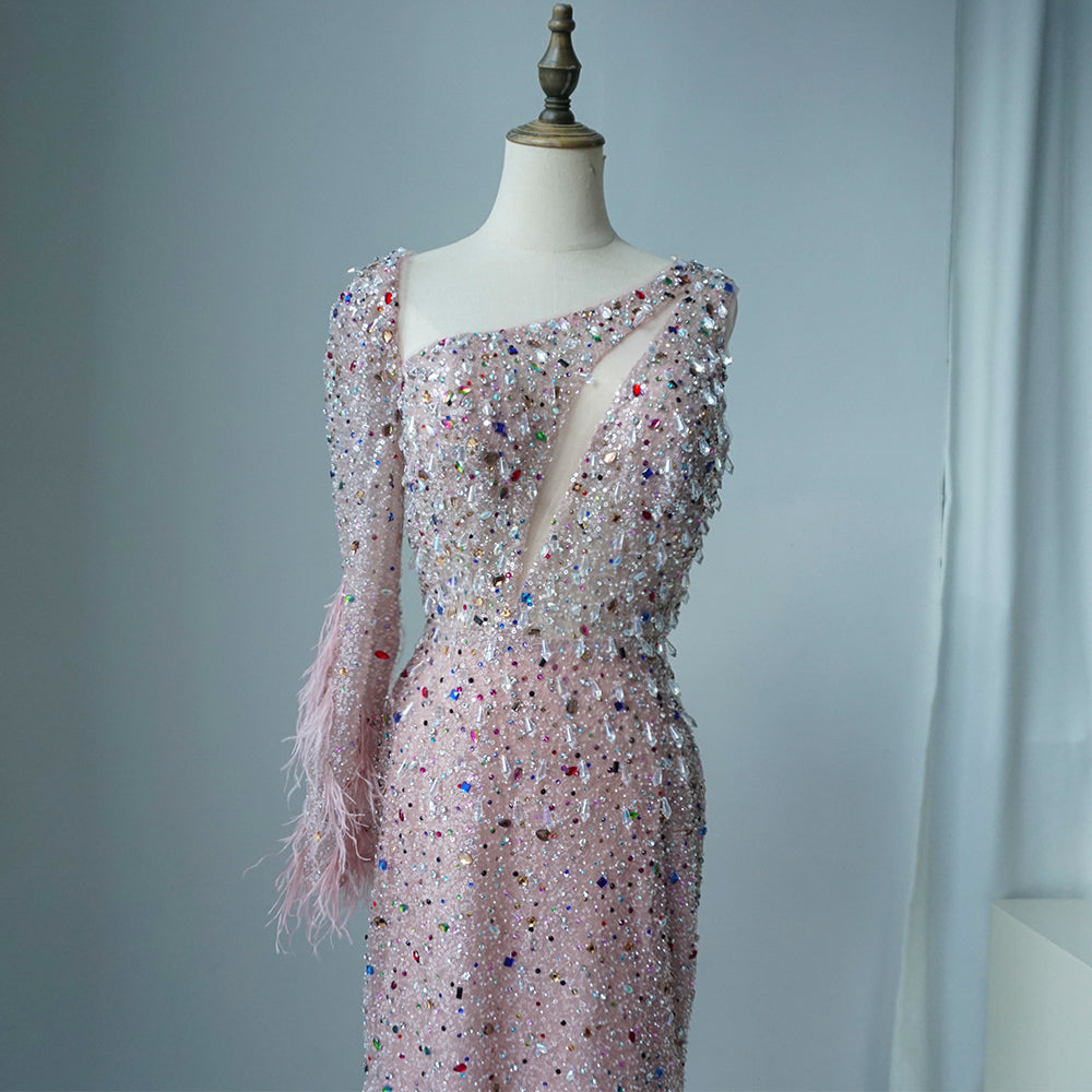Pink Elegant Mermaid with Skirt Crystal Beaded Feathers Luxury Evening Dress Ladies Wedding Party Dress 2025 ED500608