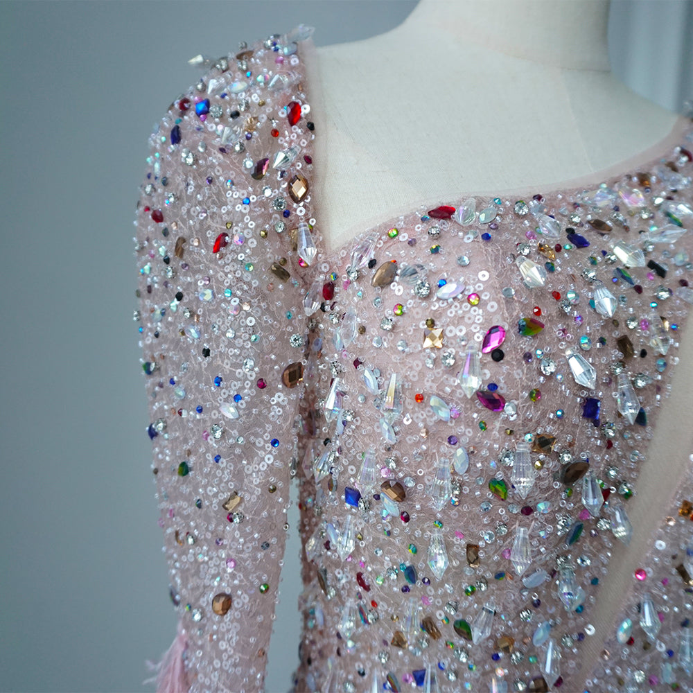 Pink Elegant Mermaid with Skirt Crystal Beaded Feathers Luxury Evening Dress Ladies Wedding Party Dress 2025 ED500608