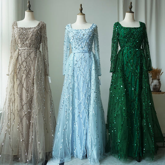 -50% Luxury Beaded Dubai Mermaid Evening Dresses Gowns With Sleeves ED500609
