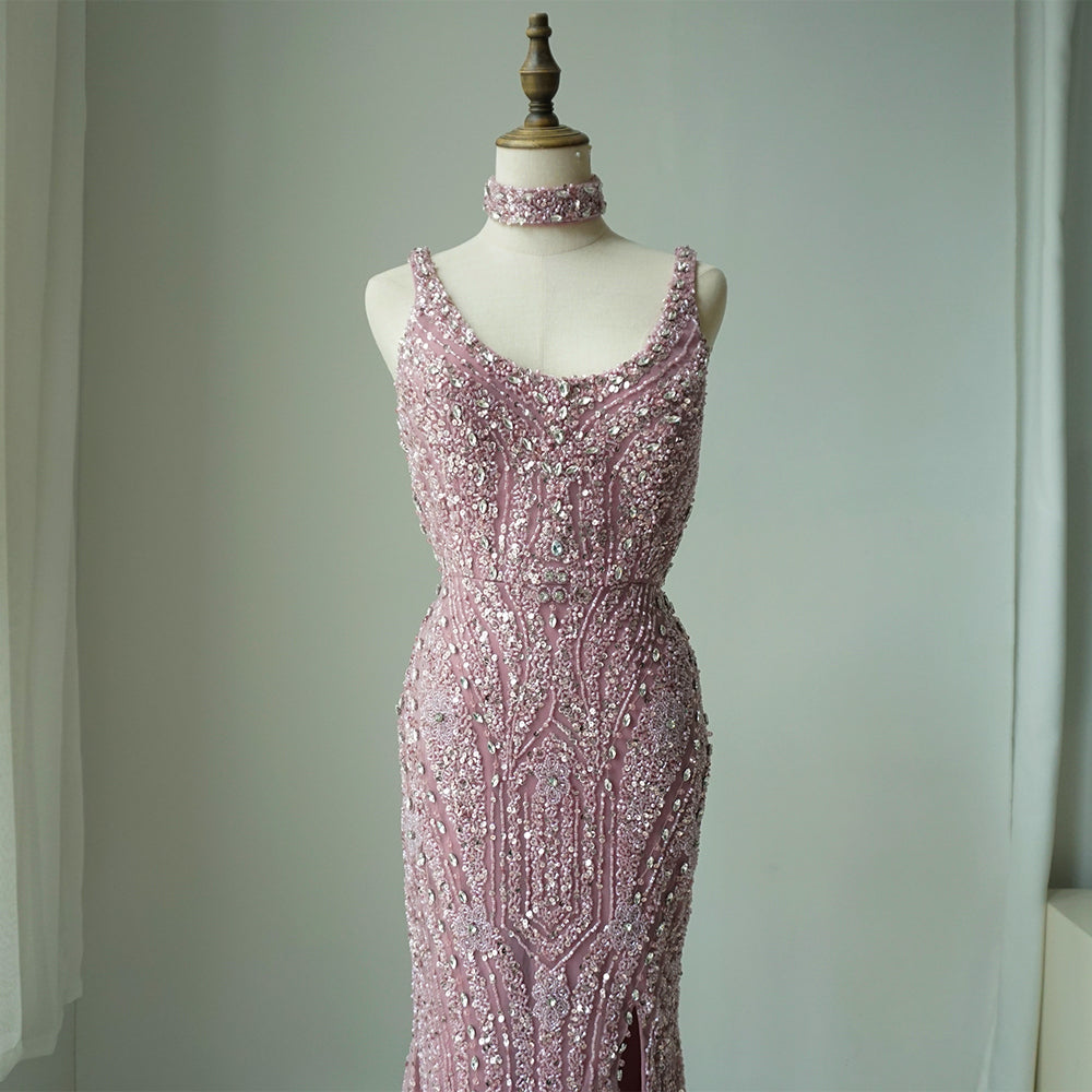 Pink Mermaid Elegant Sleeveless High Split Luxury Dubai Evening Dresses Gowns For Women Wedding Party ED500613