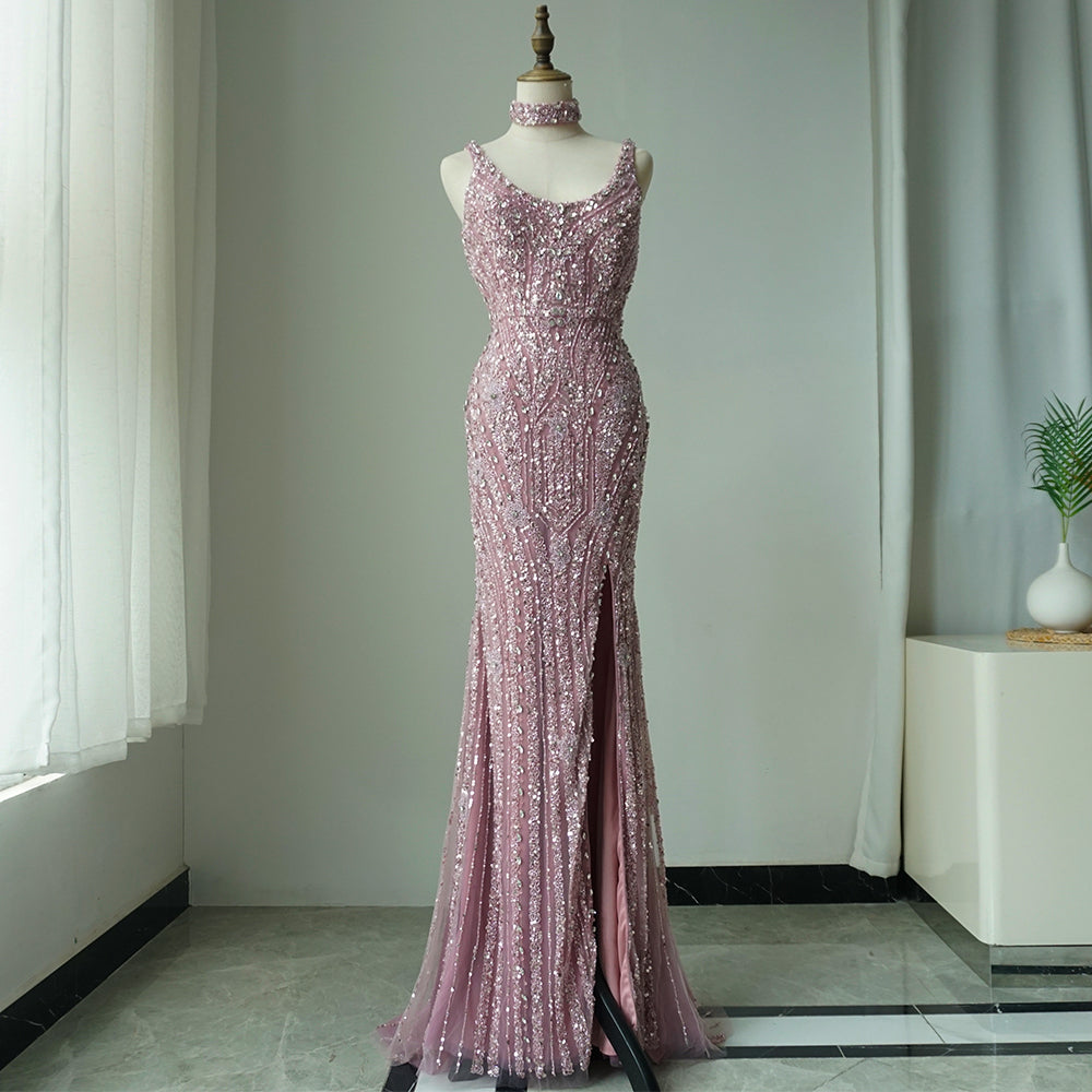 Pink Mermaid Elegant Sleeveless High Split Luxury Dubai Evening Dresses Gowns For Women Wedding Party ED500613