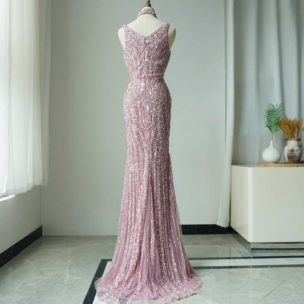 Pink Mermaid Elegant Sleeveless High Split Luxury Dubai Evening Dresses Gowns For Women Wedding Party ED500613