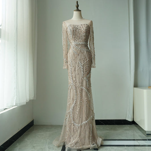 2025 Arabic Nude Elegant Mermaid Evening Gowns with Beaded Skirt Lace-Up for Women's Wedding Party ED500612