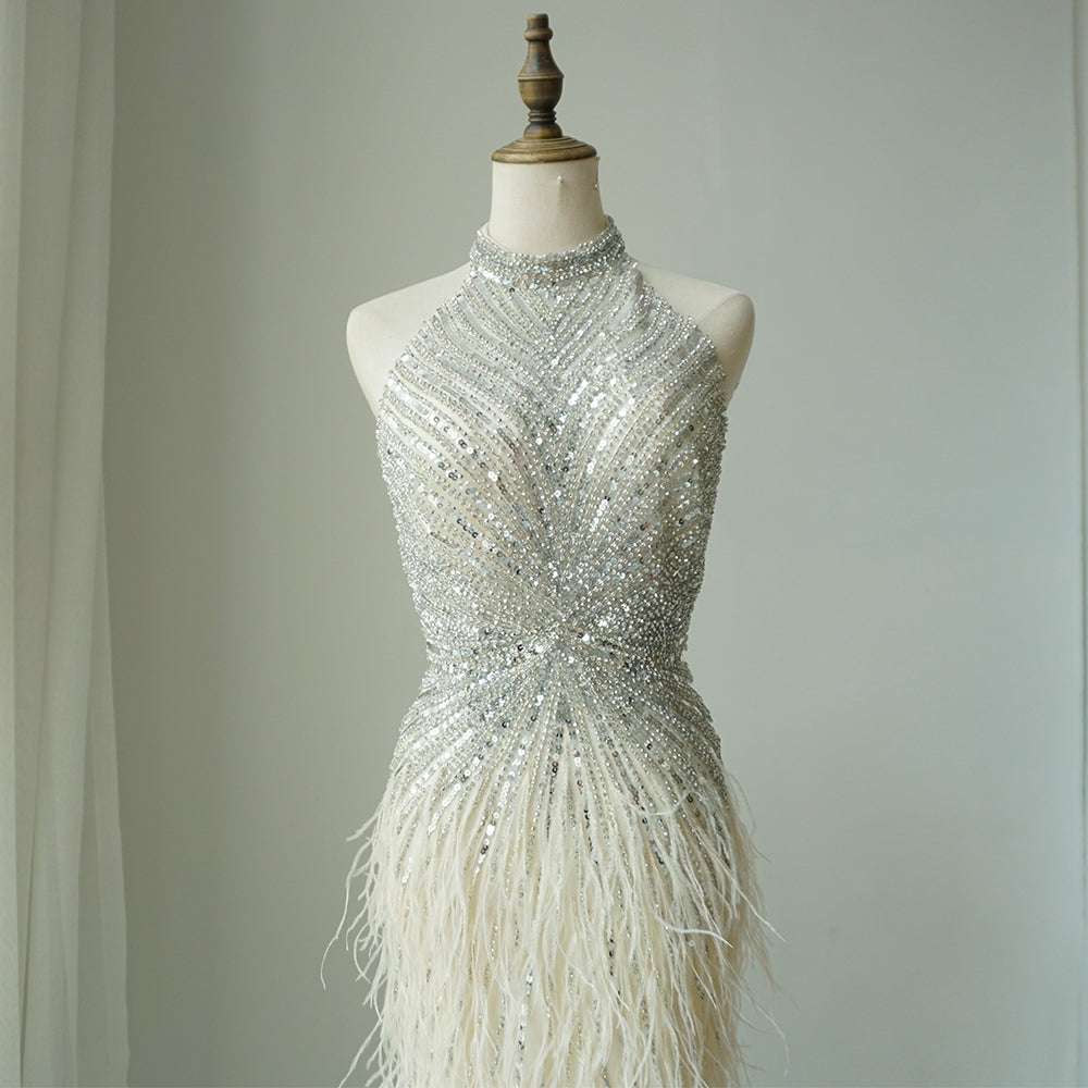 Feathers Mermaid Silver Gray Evening Dress Formal Party Gown LA70623A