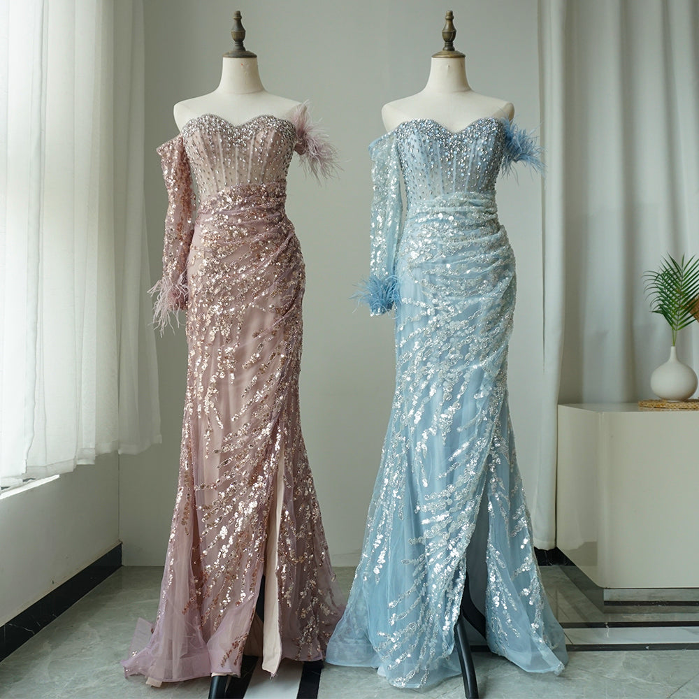 Rose Gold Off Shoulder One Sleeve Mermaid Feathers Evening Dresses High Split Sexy Party Gowns For Women ED500624
