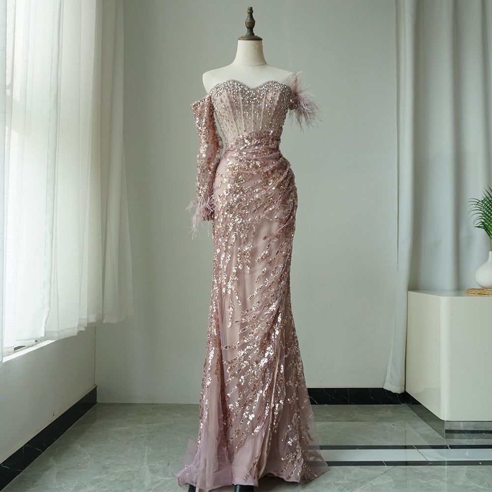 Rose Gold Off Shoulder One Sleeve Mermaid Feathers Evening Dresses High Split Sexy Party Gowns For Women ED500624