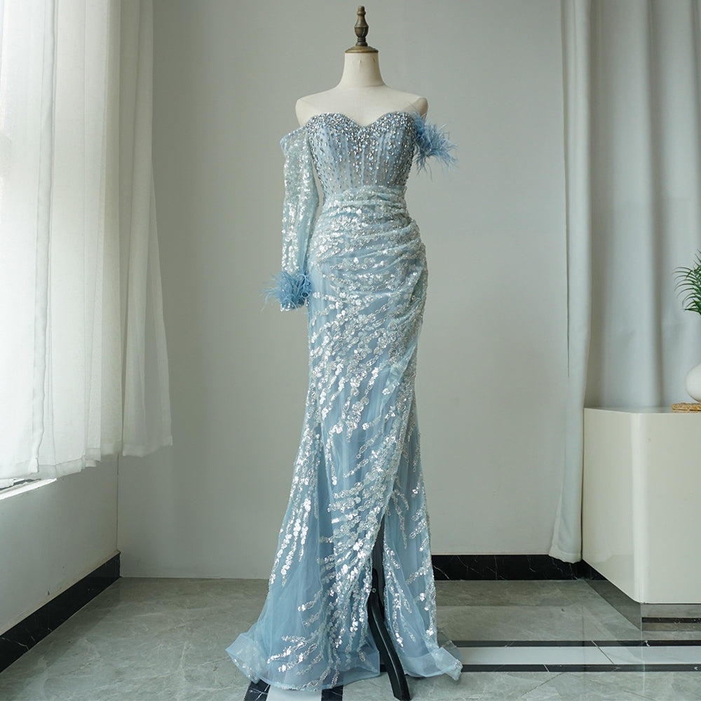 Rose Gold Off Shoulder One Sleeve Mermaid Feathers Evening Dresses High Split Sexy Party Gowns For Women ED500624