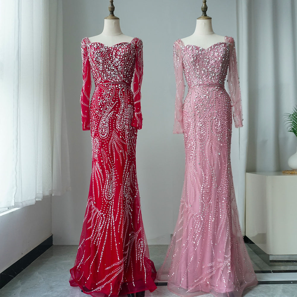 Luxury Muslim Arabic Pink Elegant Mermaid Gowns with Luxury Long Sleeve ED500622