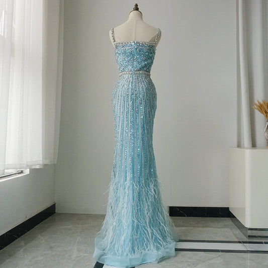 2025 Caramel Spaghetti Strap Mermaid Gown Feathers Beaded Luxury Saudi Evening Dress for Formal Occasion ED500686