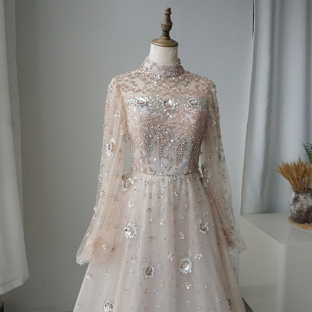 Alacati Elegant Champagne Evening Dress with Long Sleeves ED500677