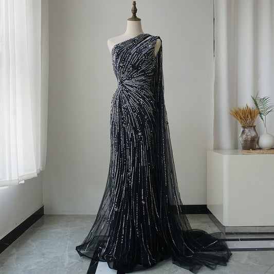 2025 Saudi Black High Split Mermaid One Shoulder Beaded Evening Dresses Gowns for Formal Occasion ED500688