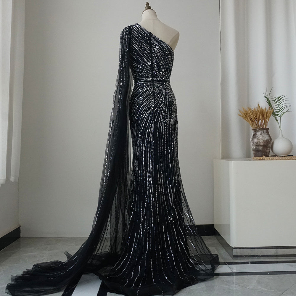 2025 Saudi Black High Split Mermaid One Shoulder Beaded Evening Dresses Gowns for Formal Occasion ED500688
