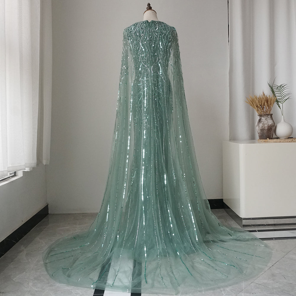 Alacati Luxury Dubai Turquoise Mermaid Evening Dresses with Cape V-Neck ED500679