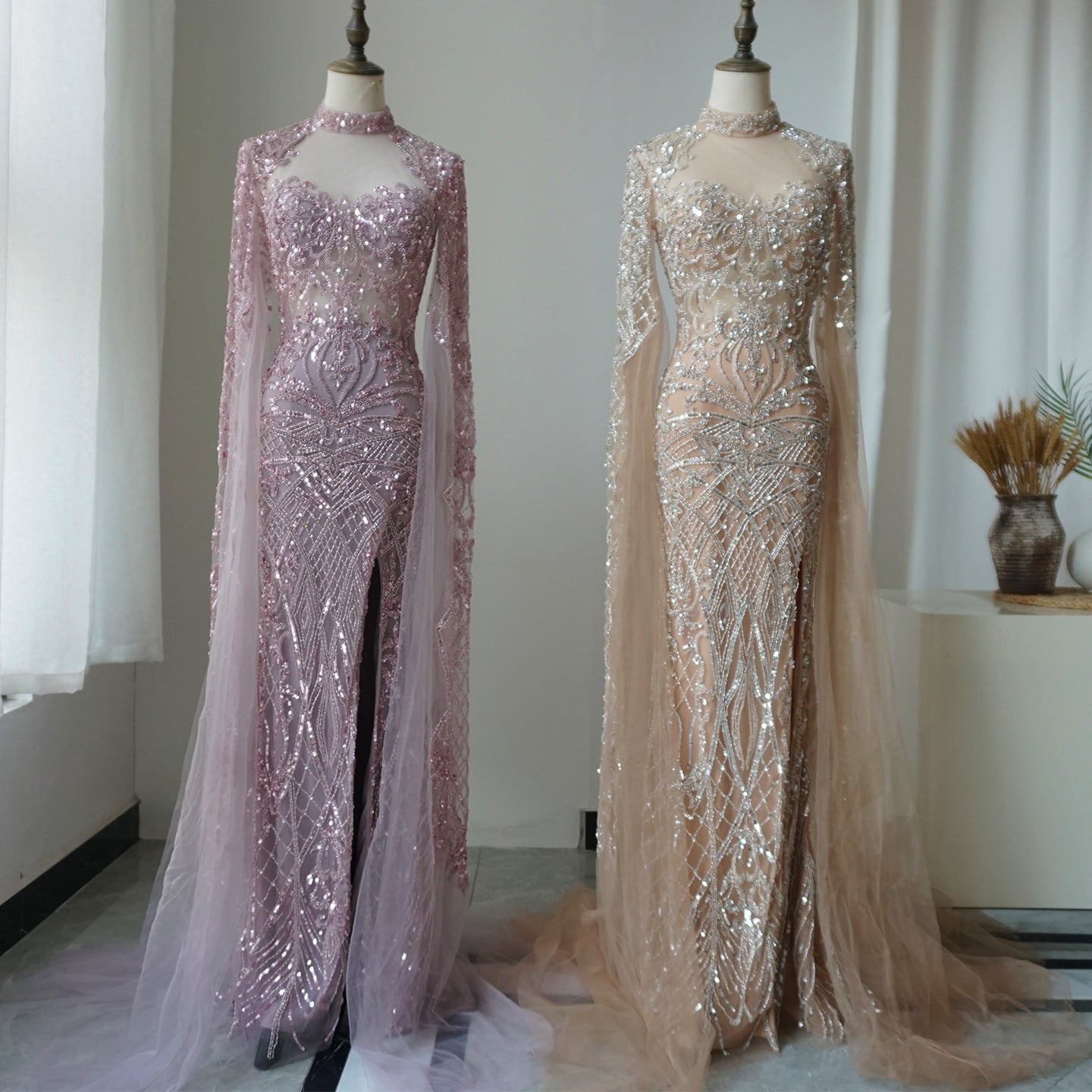 Alacati Luxury Nude Beaded Mermaid Evening Dress with Cape ED500769