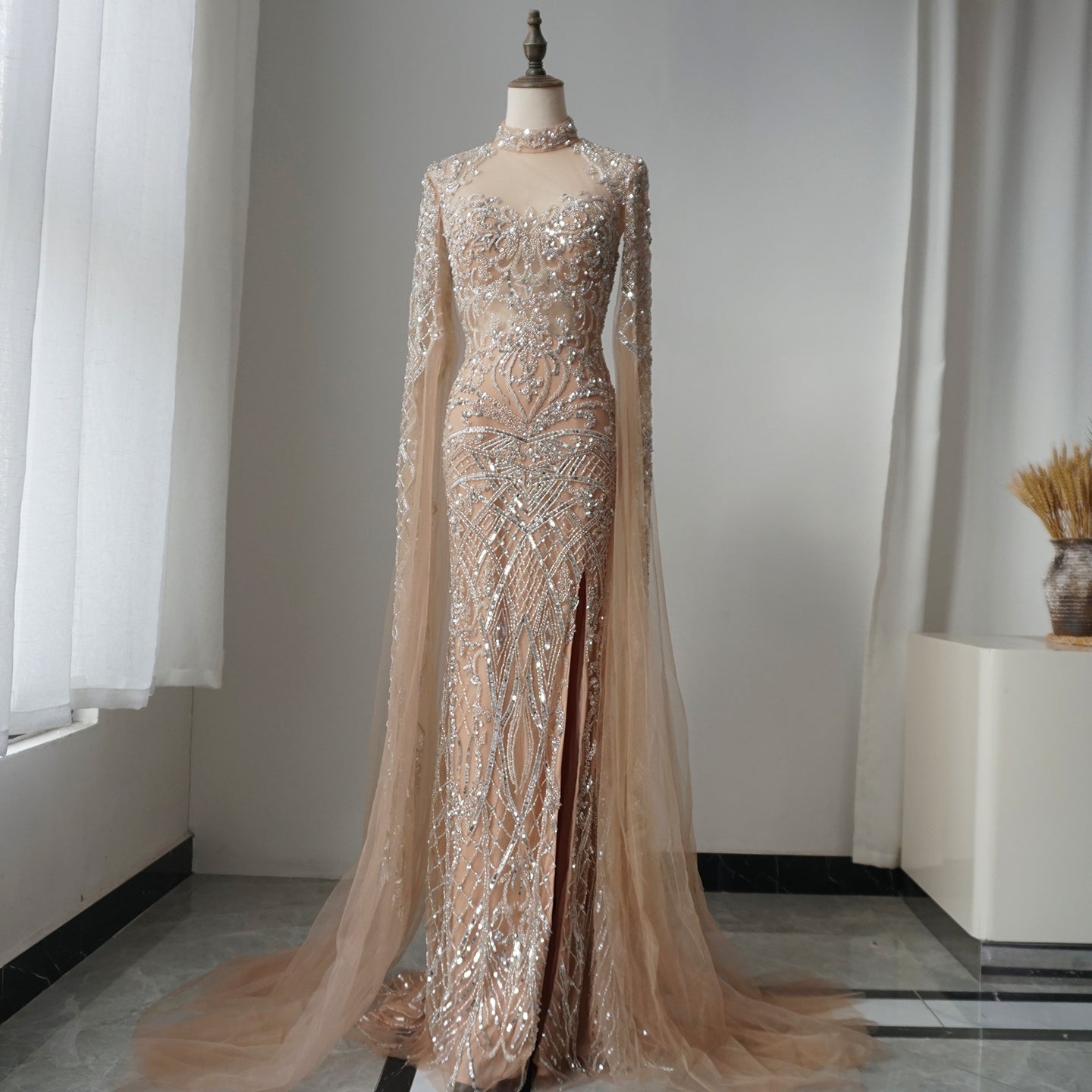 Alacati Luxury Nude Beaded Mermaid Evening Dress with Cape ED500769