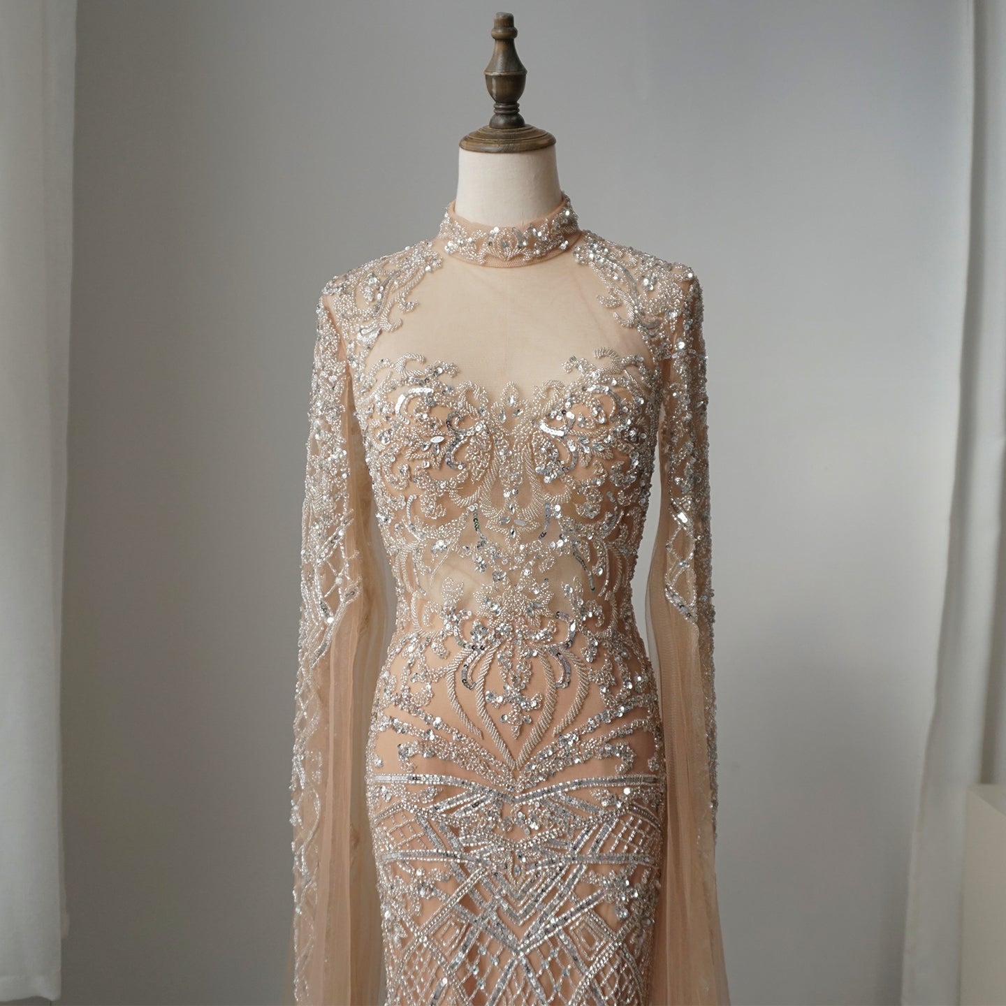 Alacati Luxury Nude Beaded Mermaid Evening Dress with Cape ED500769