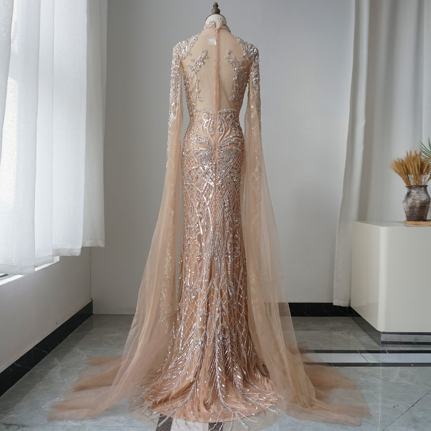 Alacati Luxury Nude Beaded Mermaid Evening Dress with Cape ED500769