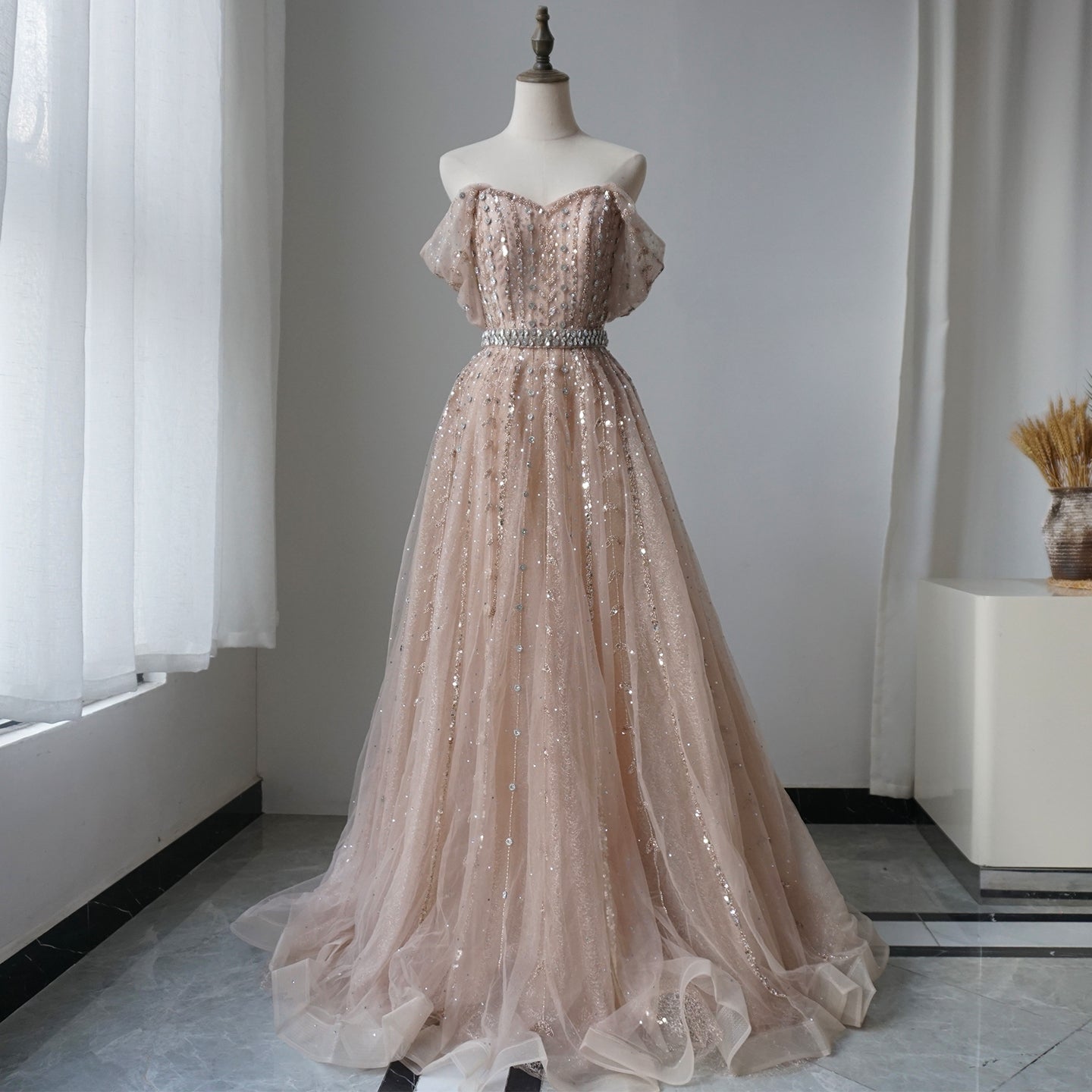Alacati Blue A Line Beaded Backless Evening Dress Gown ED500764
