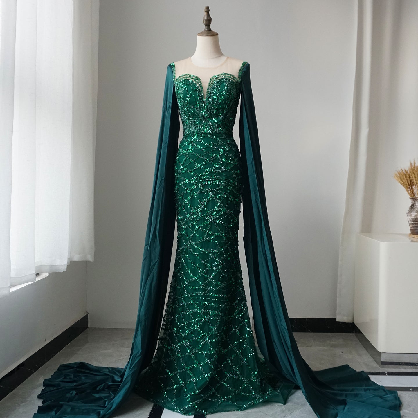 Alacati Green Cape Sleeves Luxury Evening Dresses Gowns 2025 Mermaid Beaded Elegant For Women Party ED500771