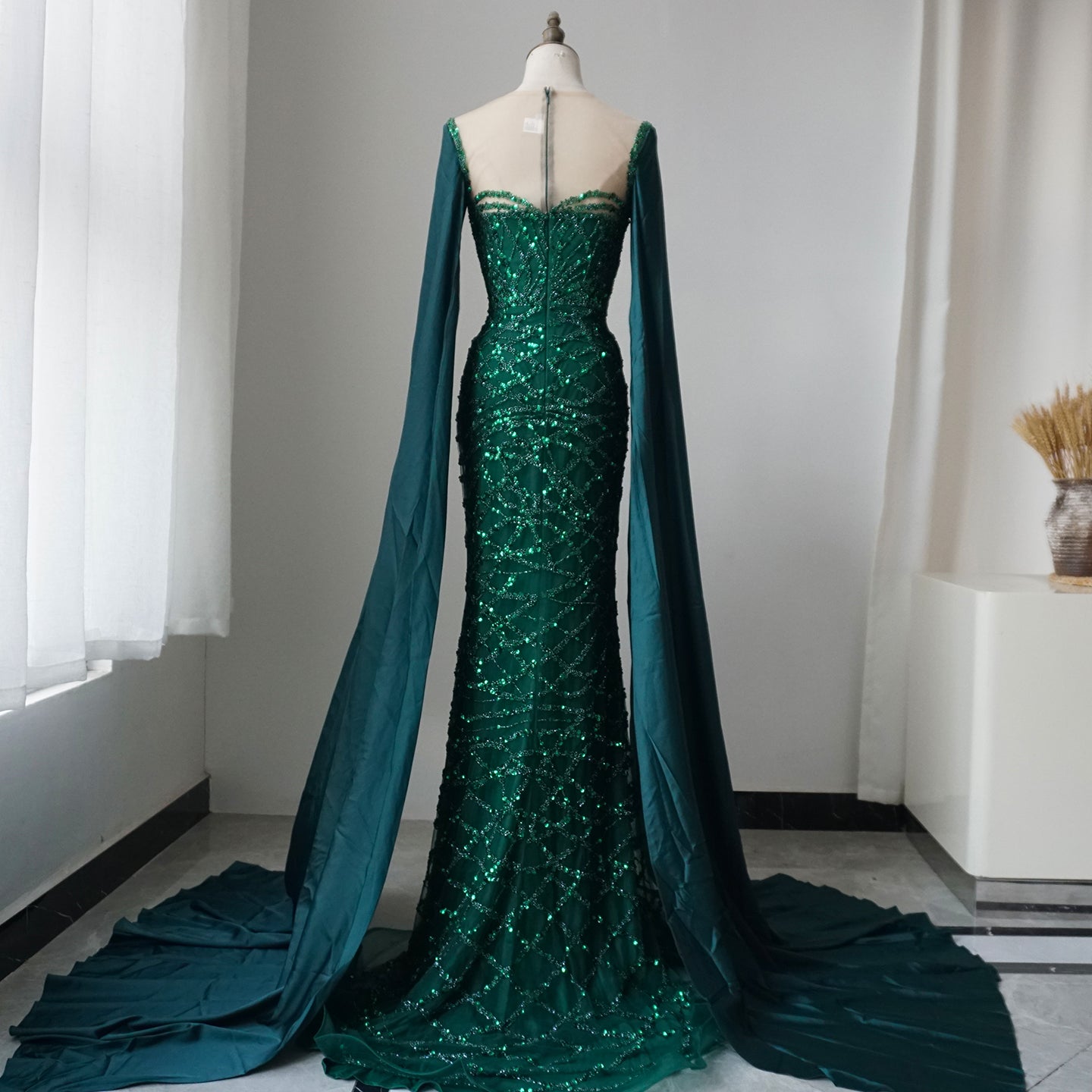 Alacati Green Cape Sleeves Luxury Evening Dresses Gowns 2025 Mermaid Beaded Elegant For Women Party ED500771