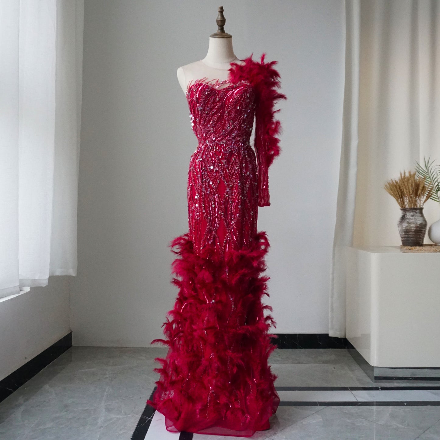 Alacati Arabic Wine Red Mermaid Luxury Evening Dresses Gowns Feathers Beading Elegant For Woman wedding Party 2025 ED500770