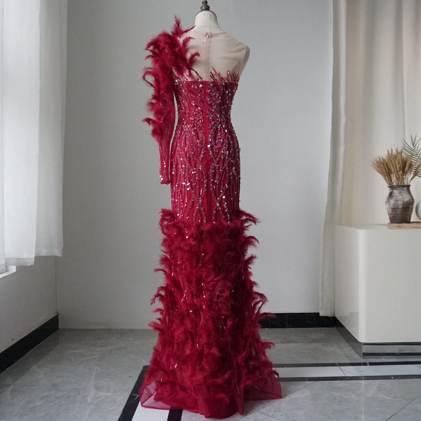 Alacati Arabic Wine Red Mermaid Luxury Evening Dresses Gowns Feathers Beading Elegant For Woman wedding Party 2025 ED500770