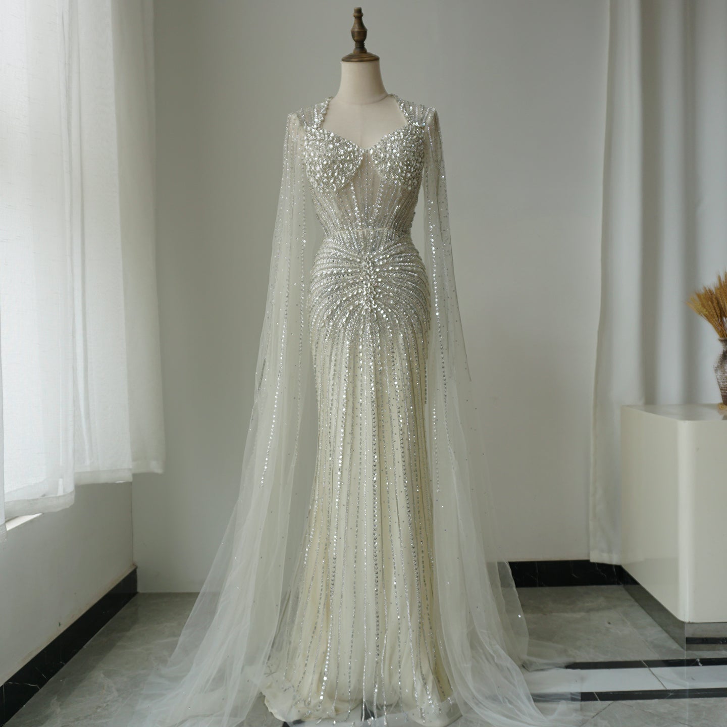 Alacati Luxury Nude Beaded Evening Dress with Cape Sleeves ED500778