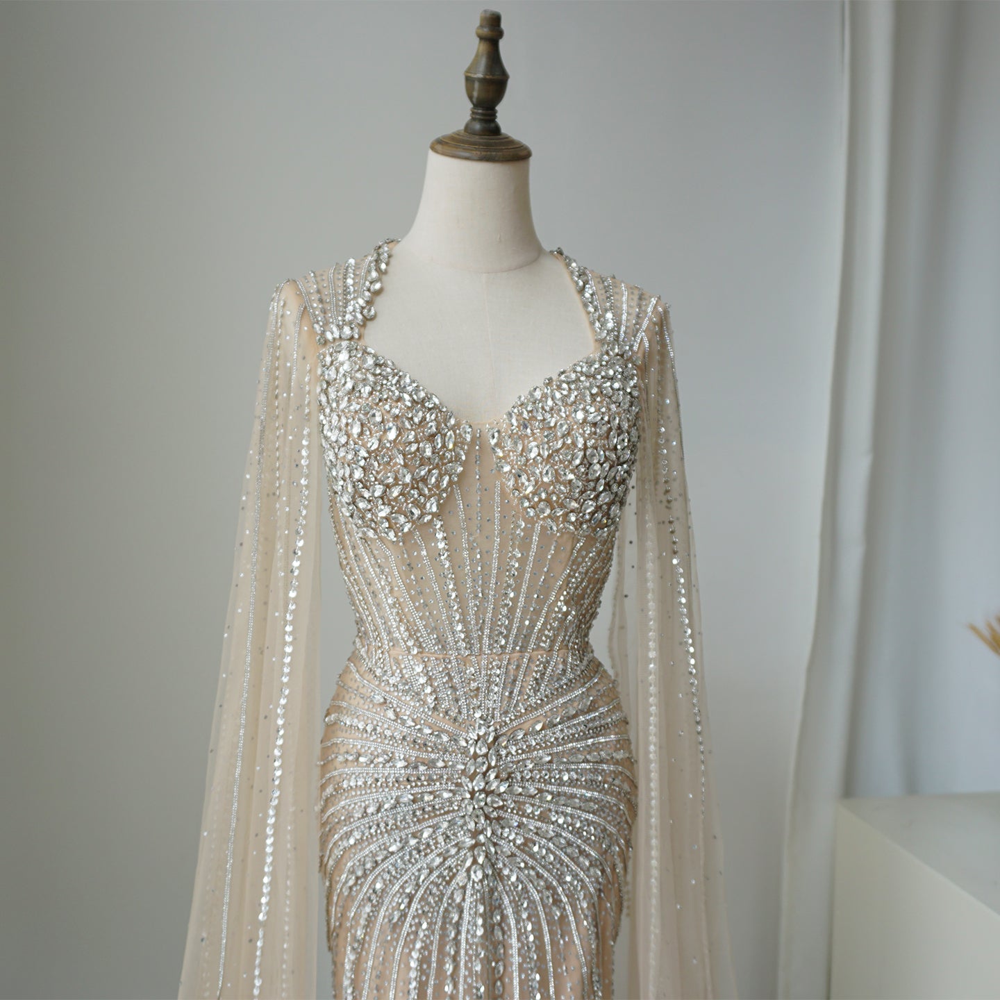 Alacati Luxury Nude Beaded Evening Dress with Cape Sleeves ED500778