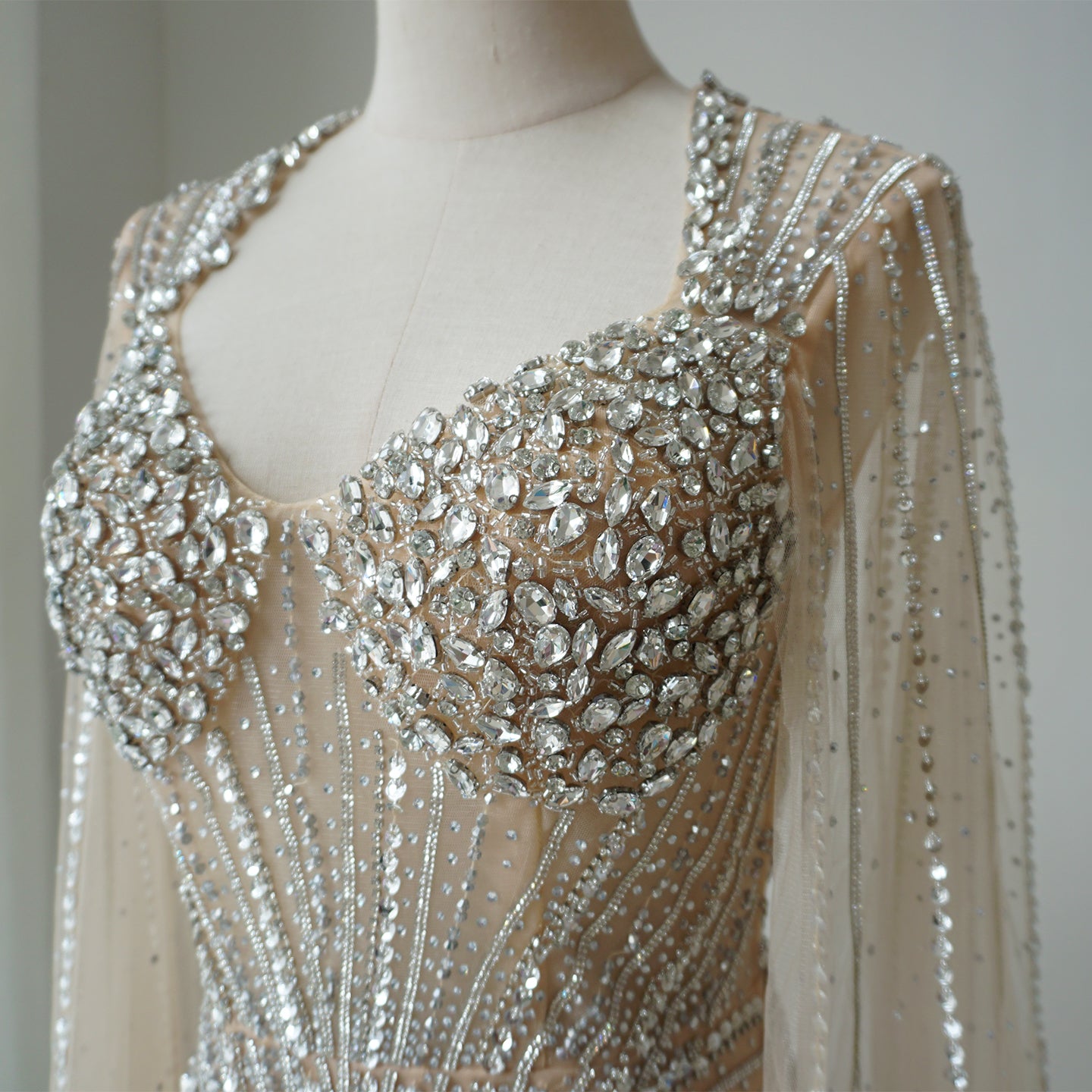 Alacati Luxury Nude Beaded Evening Dress with Cape Sleeves ED500778