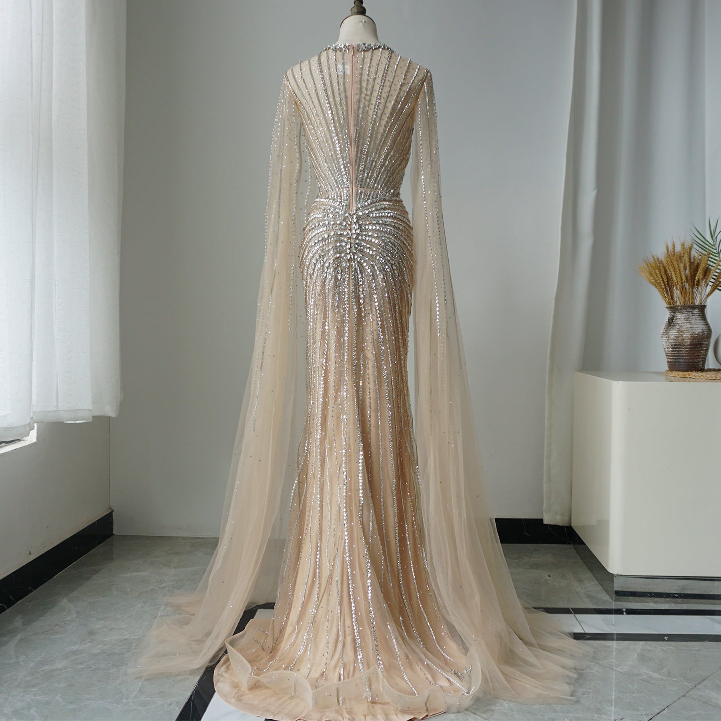 Alacati Luxury Nude Beaded Evening Dress with Cape Sleeves ED500778