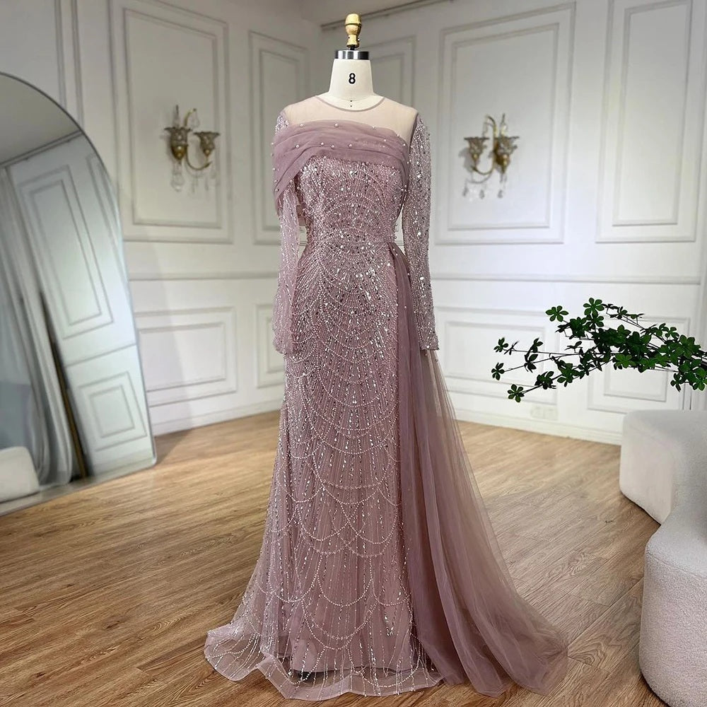 Luxury Champagne Mermaid Long Sleeves Arabic Evening Dress ED500610