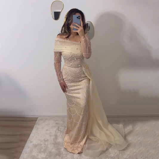 Luxury Champagne Mermaid Long Sleeves Arabic Evening Dress ED500610