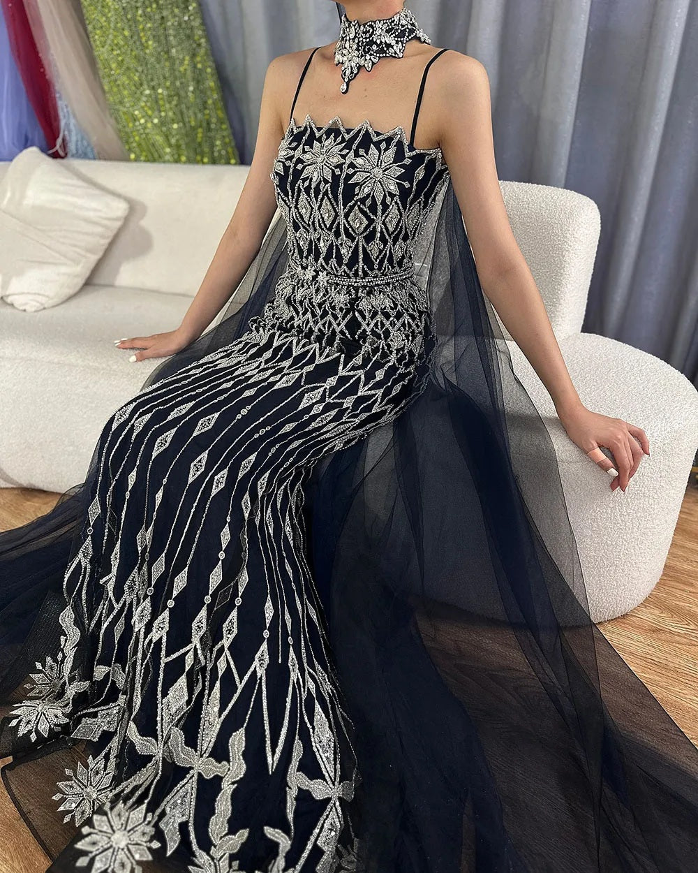 Luxury Dubai Nude Beaded Spaghetti Strap Design Mermaid Evening Dresses Gowns with Long Cape for Formal Occasion ED500702
