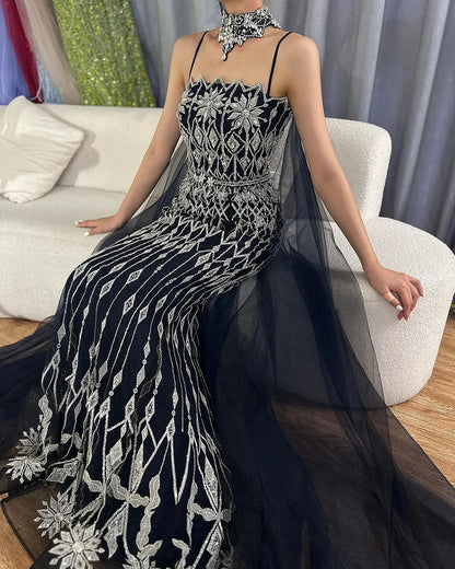 Luxury Dubai Nude Beaded Spaghetti Strap Design Mermaid Evening Dresses Gowns with Long Cape for Formal Occasion ED500702