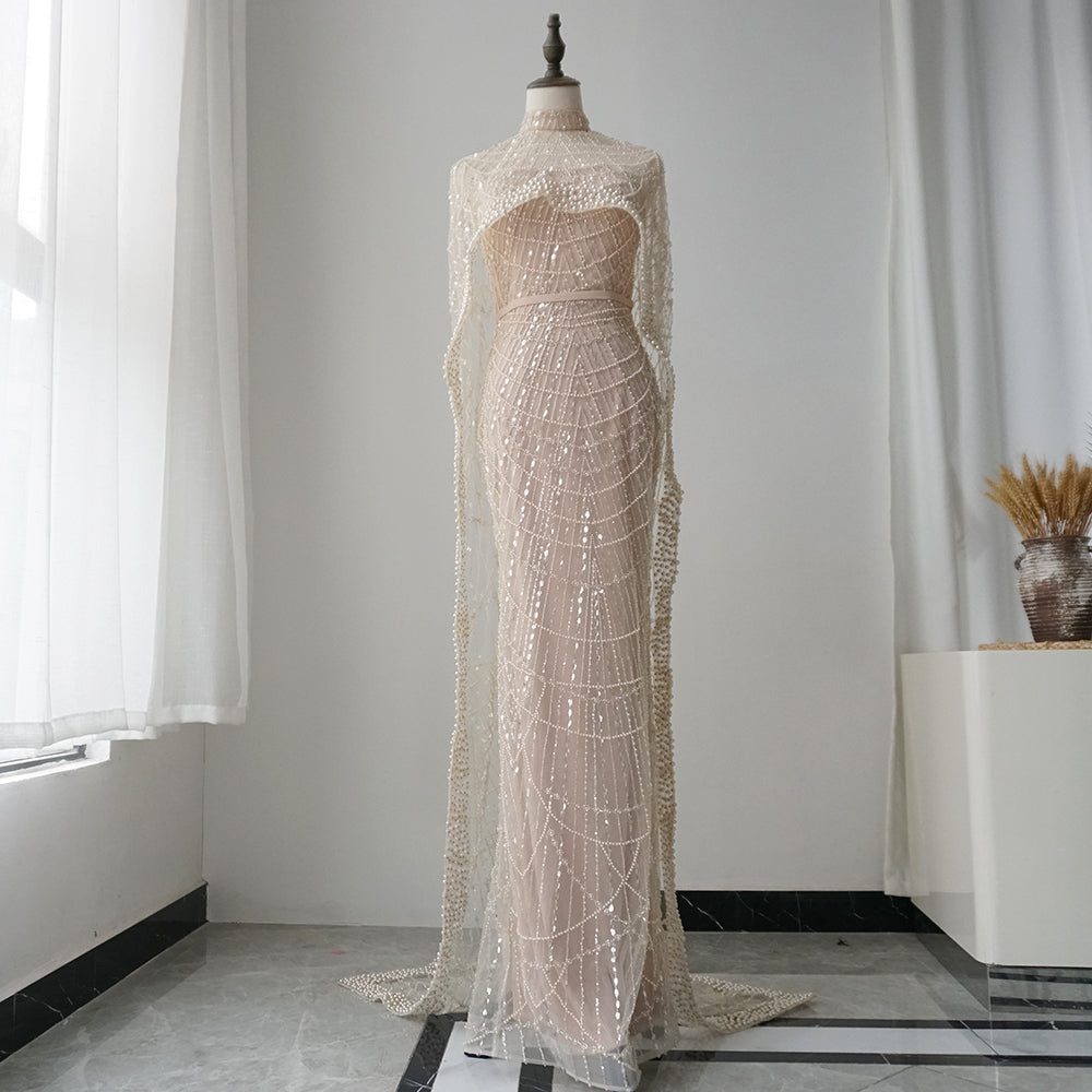 Alacati Nude Mermaid Long Cape Luxury Saudi Arabic Evening Dresses Gowns 2025 For Formal Occasion  Customized ED500458