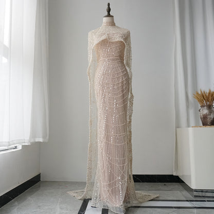 Alacati Nude Mermaid Long Cape Luxury Saudi Arabic Evening Dresses Gowns 2025 For Formal Occasion  Customized ED500458