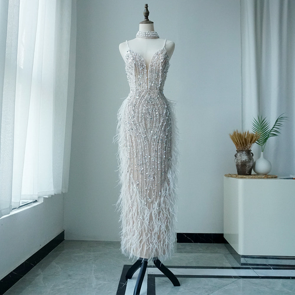 Alacati White Nude Mermaid Spaghetti Strap Beaded Feather Evening Dresses Prom Gowns 2025 For Woman Wedding Party Customized ED500522