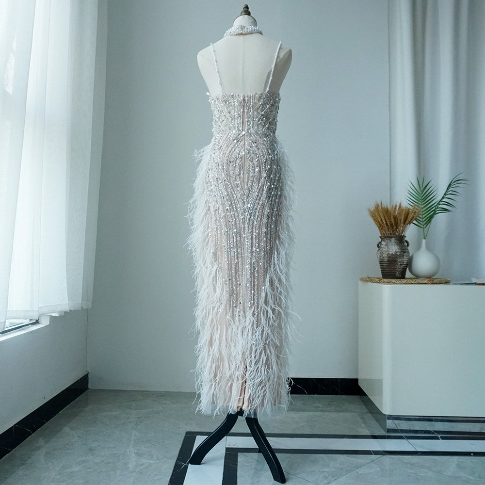 Alacati White Nude Mermaid Spaghetti Strap Beaded Feather Evening Dresses Prom Gowns 2025 For Woman Wedding Party Customized ED500522