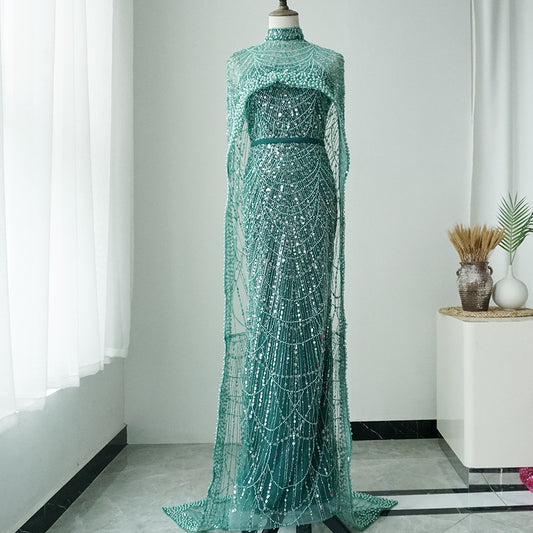 Alacati Nude Mermaid Long Cape Luxury Saudi Arabic Evening Dresses Gowns 2025 For Formal Occasion  Customized ED500458