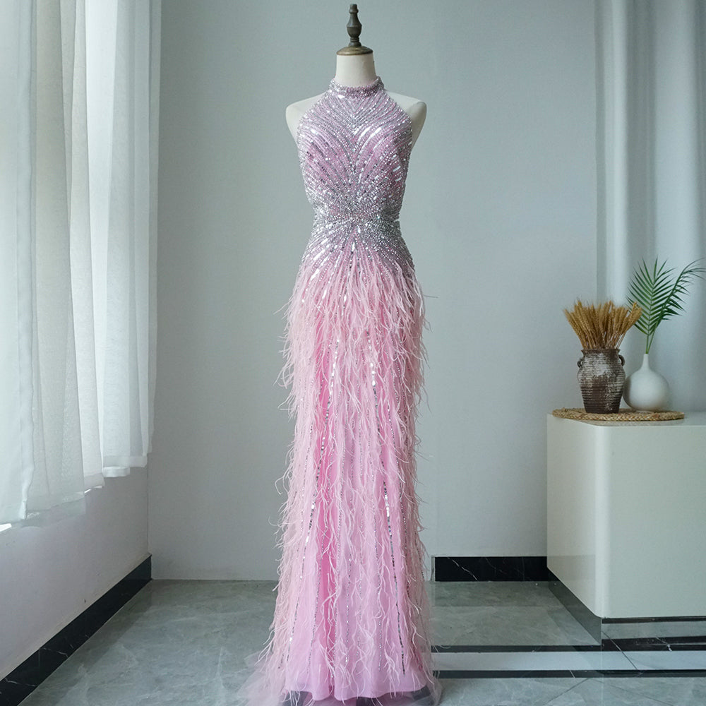 Feathers Mermaid Silver Gray Evening Dress Formal Party Gown LA70623A