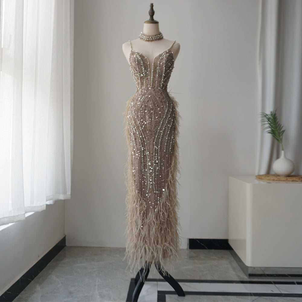 Alacati White Nude Mermaid Spaghetti Strap Beaded Feather Evening Dresses Prom Gowns 2025 For Woman Wedding Party Customized ED500522