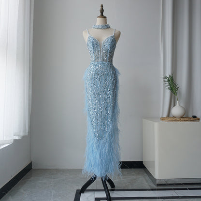 Alacati White Nude Mermaid Spaghetti Strap Beaded Feather Evening Dresses Prom Gowns 2025 For Woman Wedding Party Customized ED500522