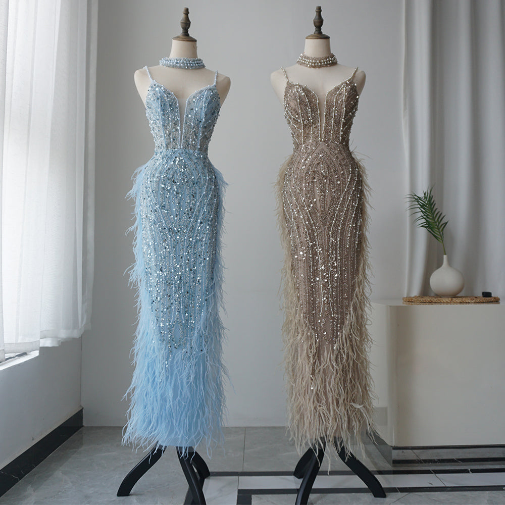 Alacati White Nude Mermaid Spaghetti Strap Beaded Feather Evening Dresses Prom Gowns 2025 For Woman Wedding Party Customized ED500522