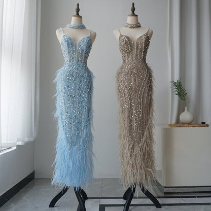 Alacati White Nude Mermaid Spaghetti Strap Beaded Feather Evening Dresses Prom Gowns 2025 For Woman Wedding Party Customized ED500522