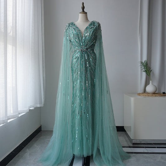 Alacati 2025 Turquoise Mermaid Evening Dresses Gowns With Beaded With Cape For Women's Wedding Party  Customized ED500566