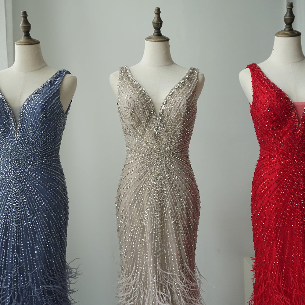 2025 Blue Spaghetti Strap Luxury Dubai Evening Gowns with Feathers and Beading for Women Wedding Party