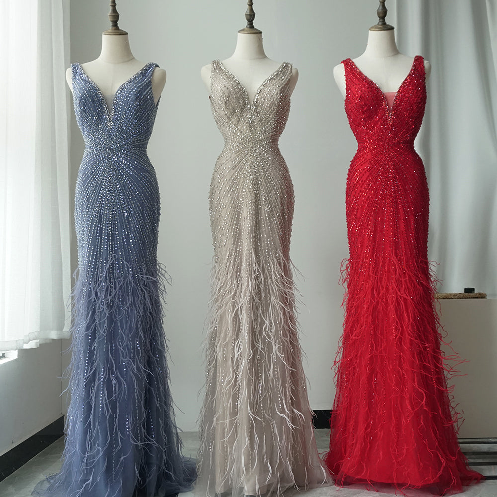 2025 Blue Spaghetti Strap Luxury Dubai Evening Gowns with Feathers and Beading for Women Wedding Party
