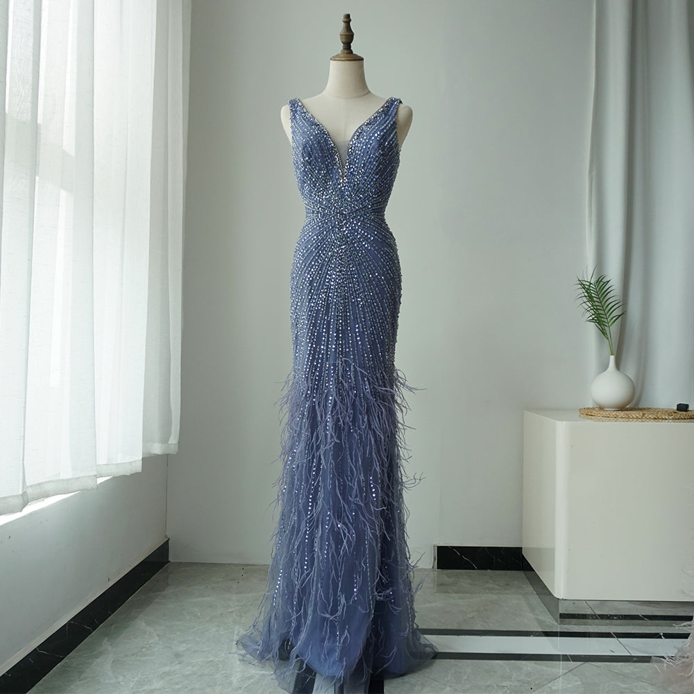 2025 Blue Spaghetti Strap Luxury Dubai Evening Gowns with Feathers and Beading for Women Wedding Party
